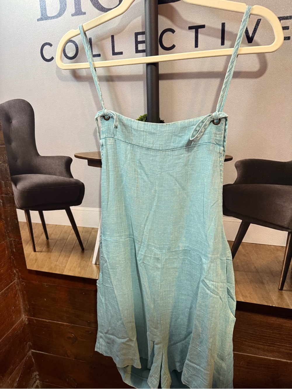 Light Aqua Linen-Blend Pinafore Romper shorts - Picture 2 of 2